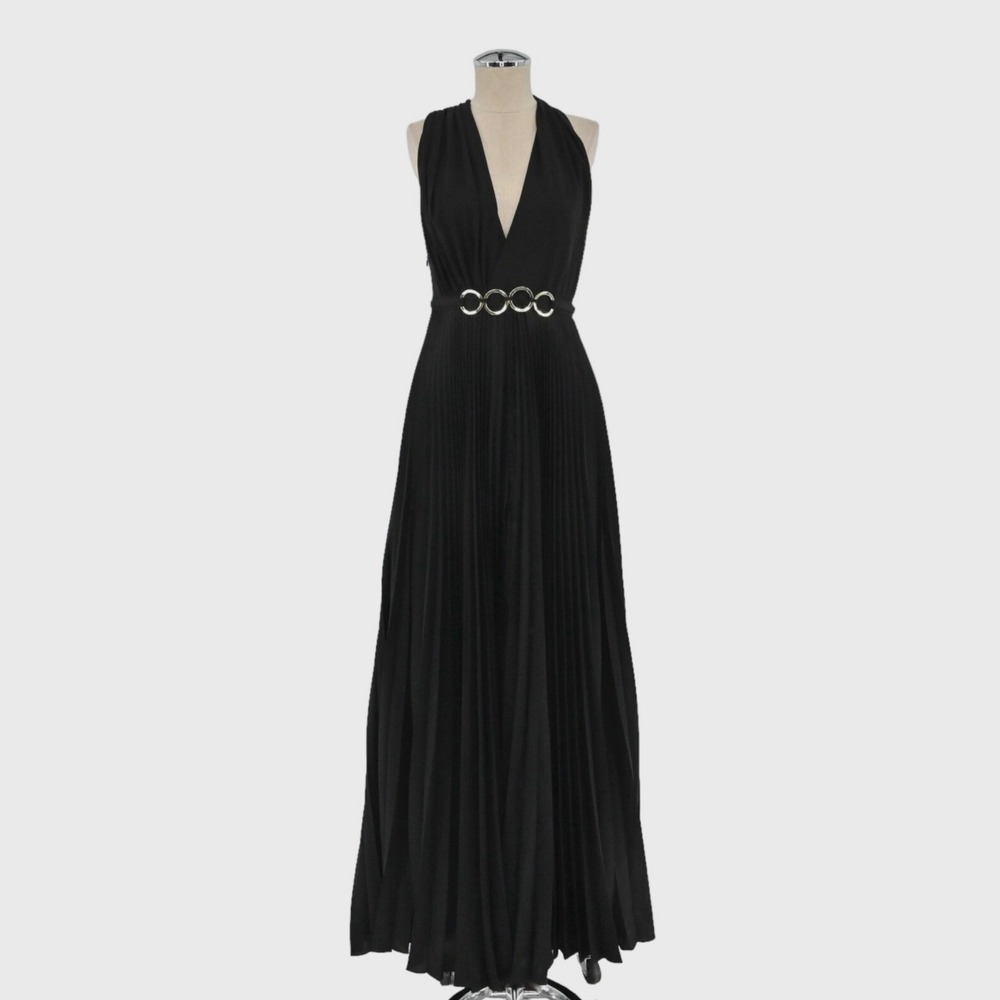 Halston‎ Heritage Pleated Ring Gown Womens Size 2 Black Formal Maxi Dress Gala